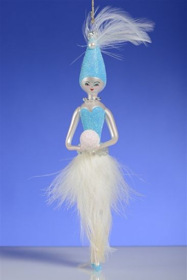 Picture of De Carlini Lady in Blue with White Feathers Holding Ball Ornament