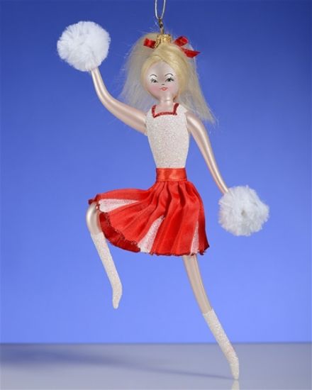 RED Cheerleader Glittered Pom Poms Ornament BRUNETTE