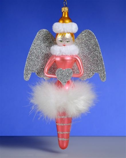 Picture of De Carlini Angel in Pink with Feathers Holding Silver Heart Ornament