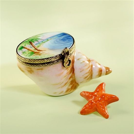 Picture of Limoges Pink Shell with Beach Scene Box and Starfish