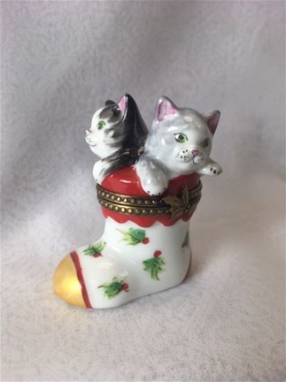 Picture of Limoges Black and Gray Cats on Christmas Boot Box