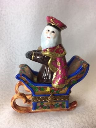 Picture of Limoges Santa in Eegant Sleigh and Burgundy Coat Box