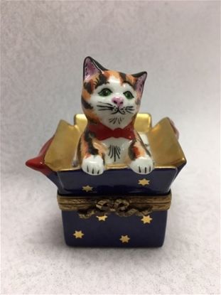 Picture of Limoges Orange Cat in Blue Gift Box with Stars