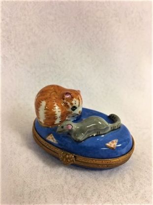 Picture of Limoges Orange Cat with Mouse on Blue Box