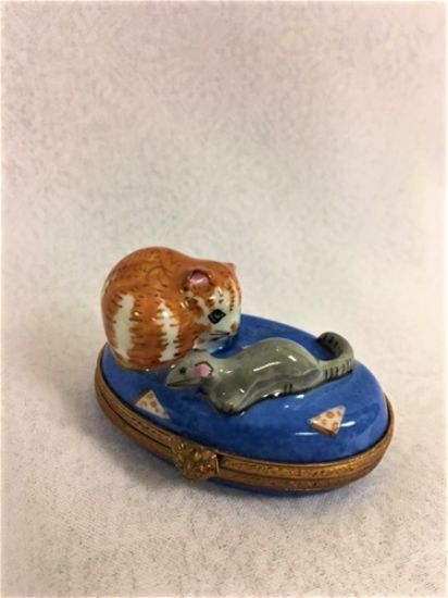 Picture of Limoges Orange Cat with Mouse on Blue Box