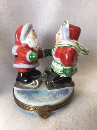 Picture of Limoges Mr Santa and Mrs Santa Ice Skating with Green Scarves Box