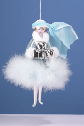 Picture of De Carlini Lady with Gifts in Blue Cape White  Fur Ornament.