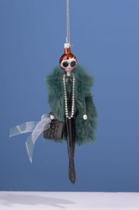 Picture of De Carlini Brunette with Sunglasses and Green Fur  Ornament