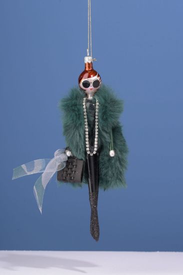 Picture of De Carlini Brunette with Sunglasses and Green Fur  Ornament