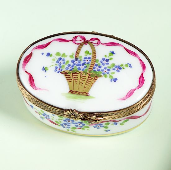 Picture of Limoges Oval Box with Basket of Blue Flowers and Ribbon 