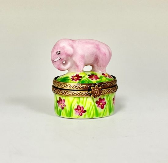 Picture of Limoges mini Pink Elephant on Grass with Flowers Box
