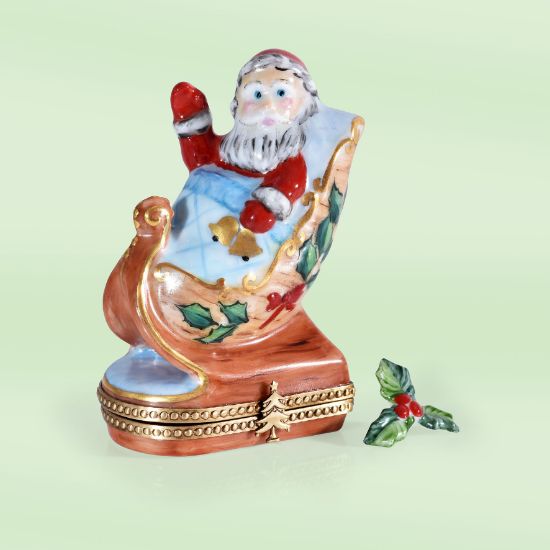 Picture of Limoges Santa on Wooden Sled Box with Holly