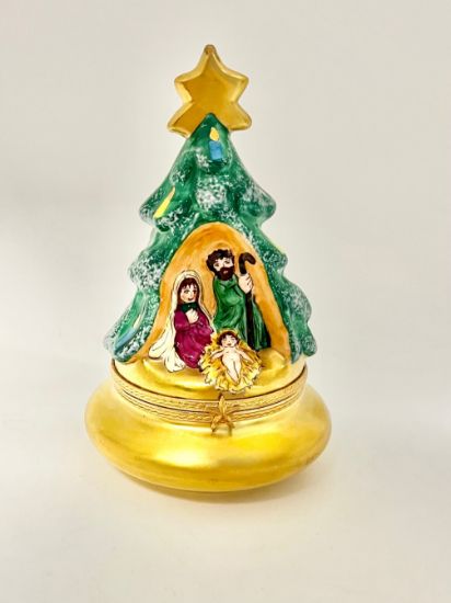 Picture of Limoges Christmas Tree with Nativity on Gold Base Box
