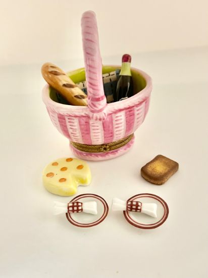 Picture of Limoges Picnic Basket Box with Wine, Cheese, Baguette and Napkins