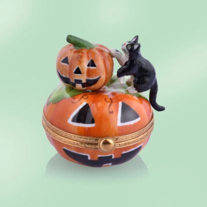 Picture of Limoges Halloween Black Cat with 2 Pumpkins Box