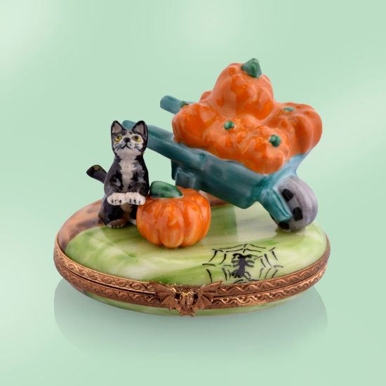 Picture of Limoges Wheelbarrow with Pumpkins and Cat Box
