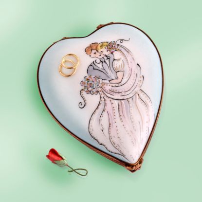 Picture of Limoges Wedding Day Heart with Wedding Bands Box and Rose
