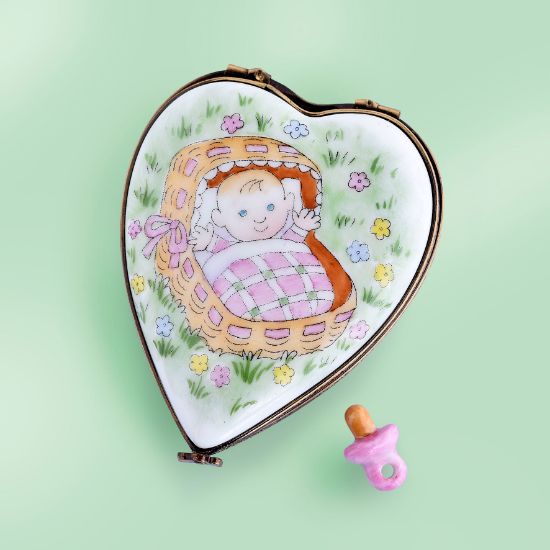 Picture of Limoges Baby Girl in Crib Heart Box with Pacifier