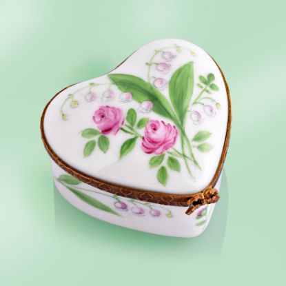 Picture of Limoges Heart with 2 Roses and Lily of the Valley Box