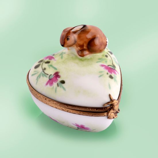 Picture of Limoges Brown Rabbit on Heart with Flowers Box