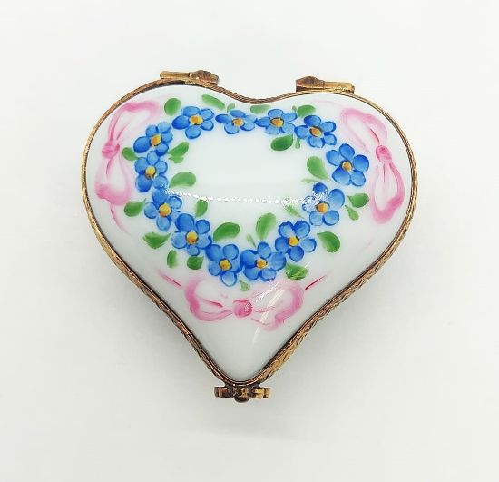 Picture of Limoges Heart with Blue Flowers and Pink Ribbons