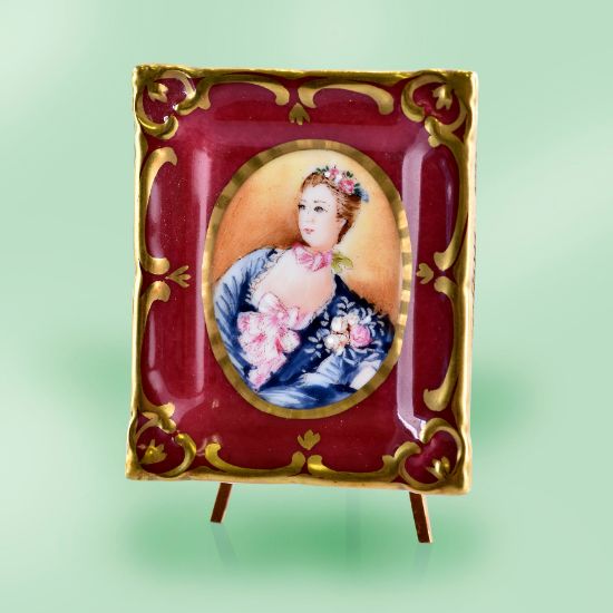 Picture of Limoges Marquise de Pompadour Portrait with Burgundy and Gold Frame on Easel Box