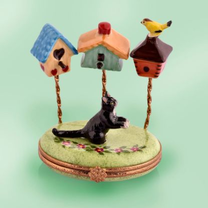 Picture of Limoges Black Cat with Birdhouses Box