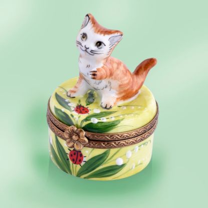 Picture of Limoges Orange Cat on Lily of the Valley and Laydbugs box