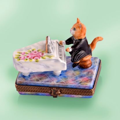 Picture of Limoges Orange Cat Playing Piano Box
