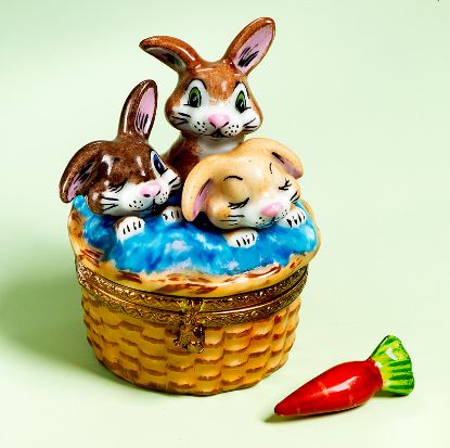 Picture of Limoges 3 Rabbits in Basket Box with Carrot