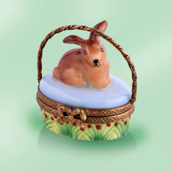 Picture of Limogs Brown Rabbit in Basket with Flowers Box