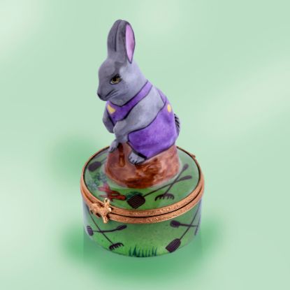 Picture of Limoges Gray Gardener Rabbit on Purple Overalls