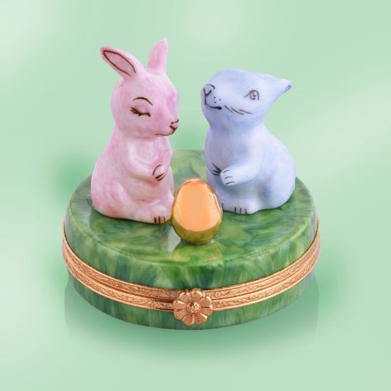 Picture of Limoges Pink and Blue Rabbits on Grass with Gold Egg Box