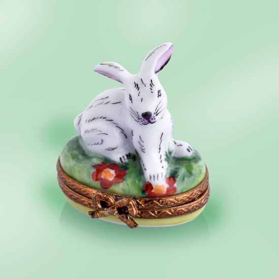 Picture of Limoges Small White Rabbit on Grass with Flowers Box