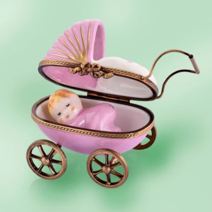 Picture of Limoges Pink and White Baby Buggy Box with Baby