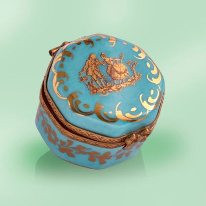 Picture of Limoges  Turquoise Box with Gold Baroque Couple Box