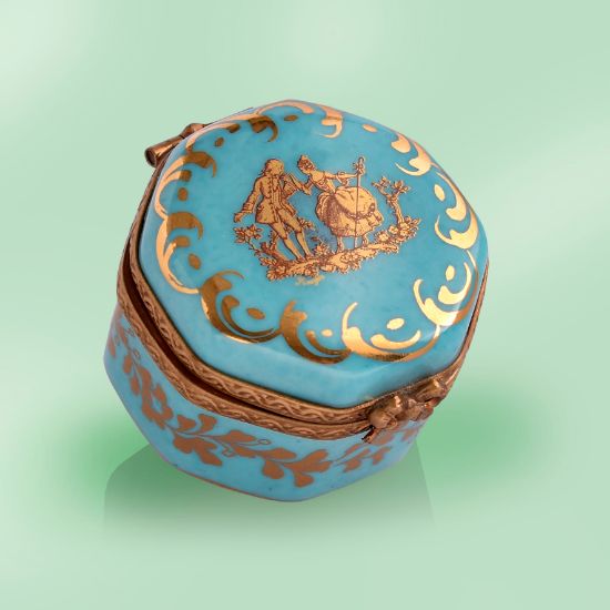 Picture of Limoges  Turquoise Box with Gold Baroque Couple Box