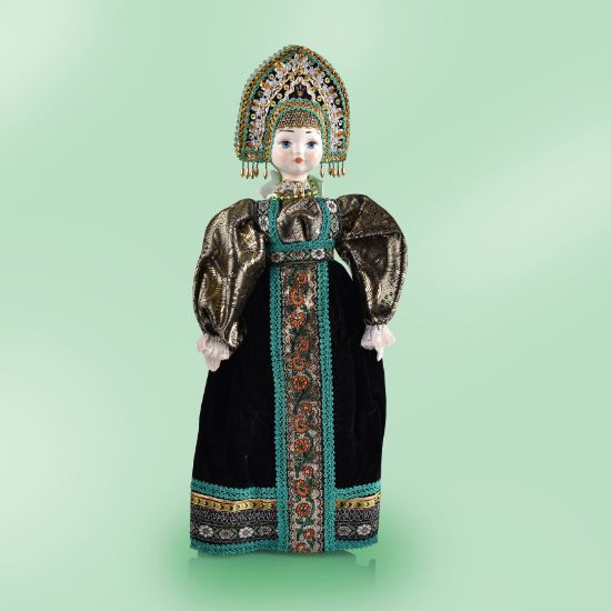 Picture of Russian Elegant Doll in Green Velvet , on Wooden Stand