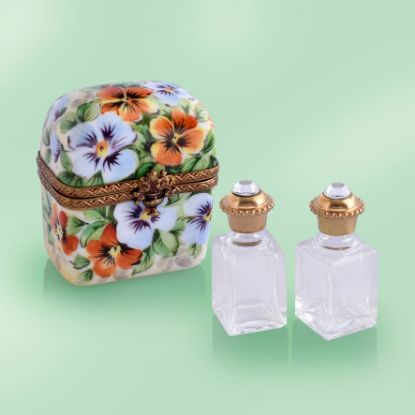 Picture of Limoges  Perfume Chest Box with Pansies and 2 Glass Bottles 