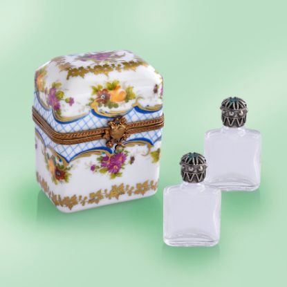 Picture of Limoges Traditional Chest with Flowers and Blue Grid and 2 Glass Bottle Boxes