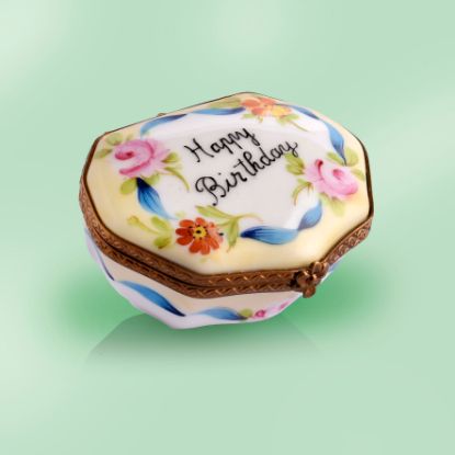 Picture of Limoges Happy Birthday Box with Flowers and Blue Ribbon