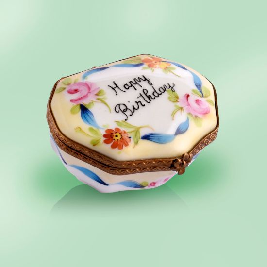 Picture of Limoges Happy Birthday Box with Flowers and Blue Ribbon