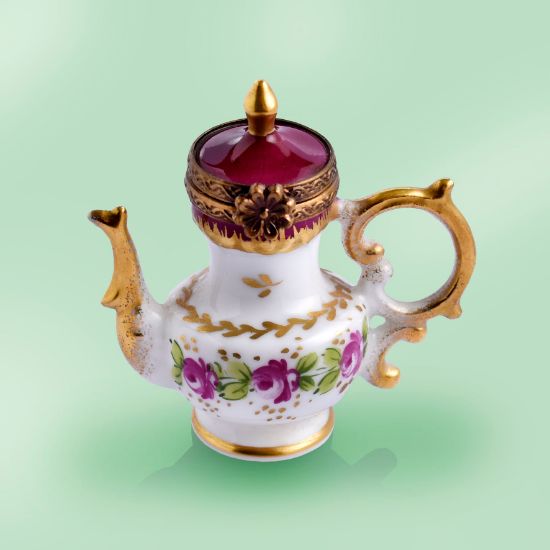 Picture of Burgundy and Gold Teapot with Roses Box