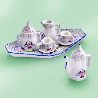 Picture of Limoges Tea service for Two on Tray with blue Ribbons and Roses