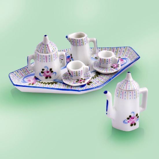 Picture of Limoges Tea service for Two on Tray with blue Ribbons and Roses