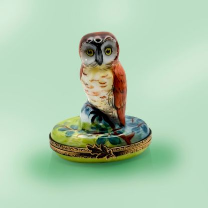Show details for Limoges Owl on Branch with Green Leaves Box Picture of Limoges Owl on Branch with Green Leaves Box