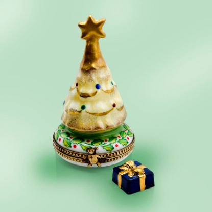 Picture of Limoges White and Gold Christmas Tree box with Blue Gift