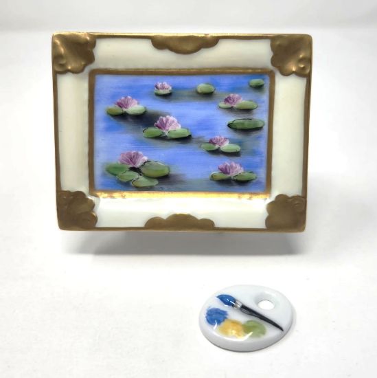 Picture of Limoges Waterlilies painting in gold accents frame box with easel and painters palette