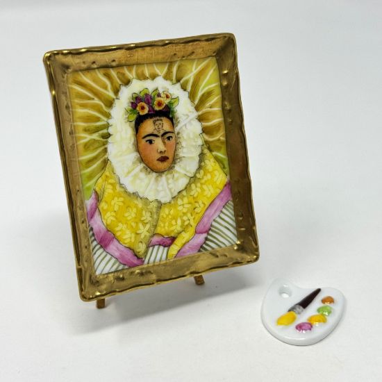 Picture of Frida Kahlo Portrait Painting , Gold Frame Box on Easel and Painters Palette.
