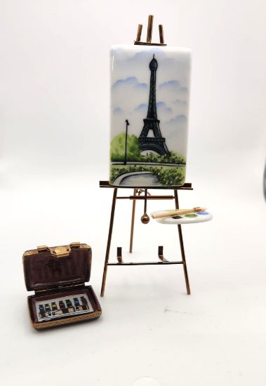 Picture of Limoges Eiffel Tower Painting on Easel with Pallette  and Painters Briefcase